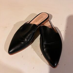 Pointed Black Leather Slip-On Mules